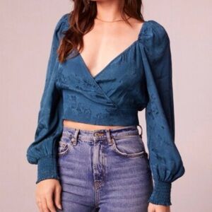 Free People Emerald Satin Wrap Crop Top Balloon Sleeve NWT XS